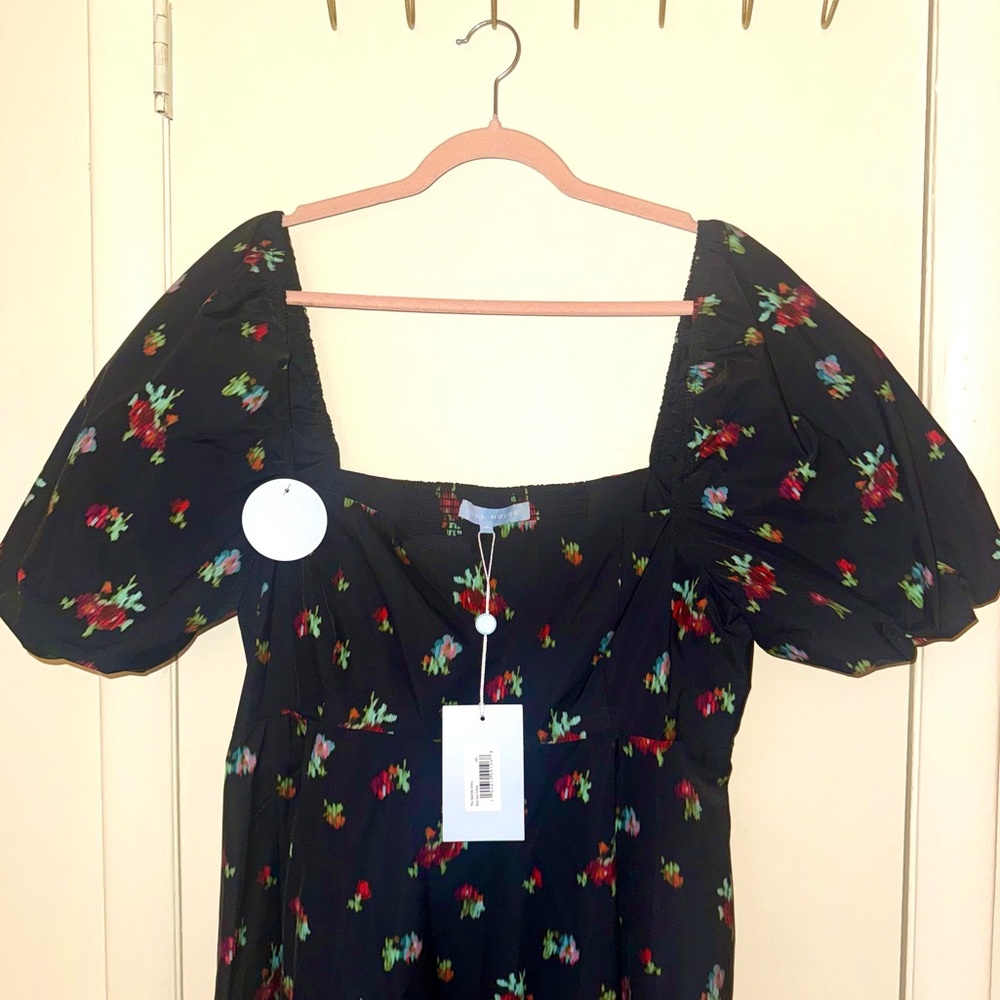 NWT Hill House Black Ikat Floral Matilda Dress, Square-Neck Puff Sleeve Midi - Picture 3 of 8
